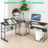 L-Shaped Computer Desk with Tiltable Tabletop-Brown