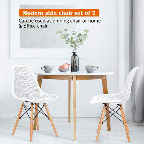 2 Pcs Modern Plastic Hollow Chair Set with Wood Leg-White