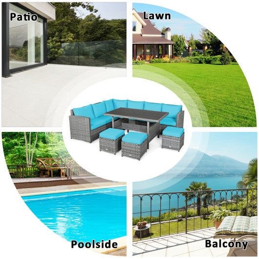 7 Pieces Patio Rattan Dining Furniture Sectional Sofa Set with Wicker Ottoman-Turquoise