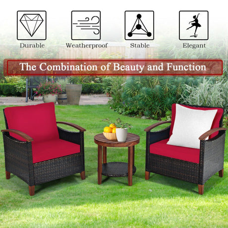 3 Pieces Patio Rattan Furniture Set with Washable Cushion and Acacia Wood Tabletop-Red