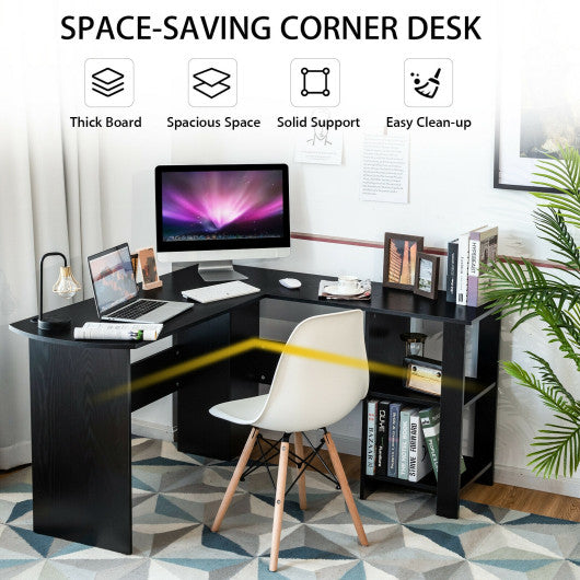 Modern L-Shaped Computer Desk with Shelves-Black