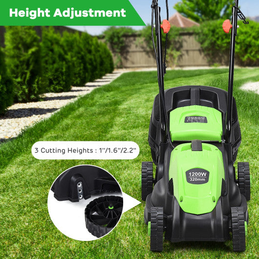 14 Inch Electric Push Lawn Corded Mower with Grass Bag-Green