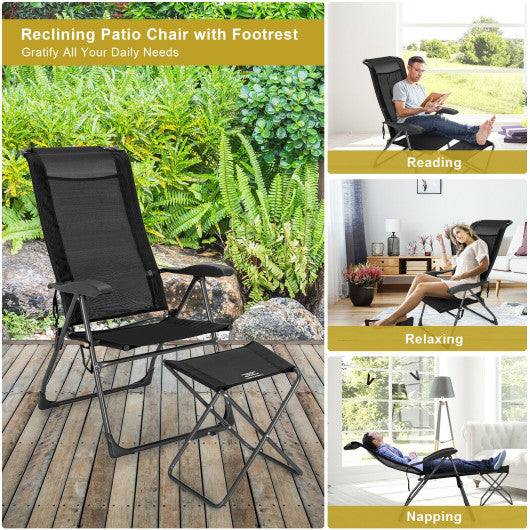 4 Pieces Patio Adjustable Back Folding Dining Chair Ottoman Set-Black