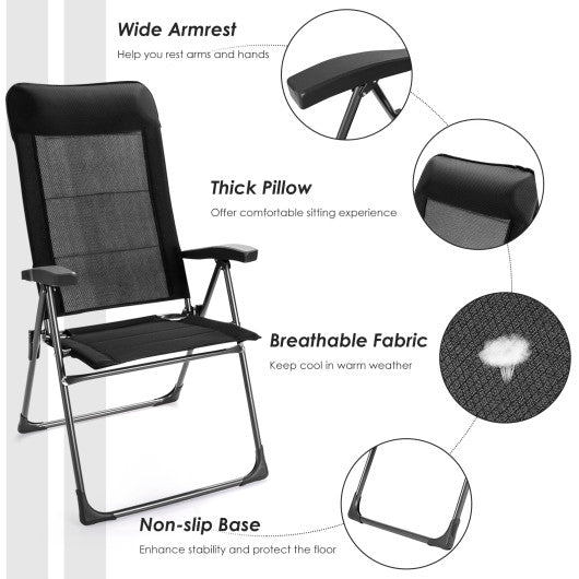 2 Pcs Portable Patio Folding Dining Chairs with Headrest Adjust for Camping -Black