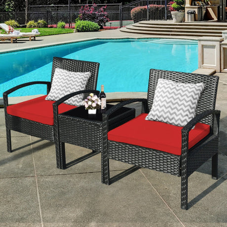 3 Pieces Outdoor Rattan Patio Conversation Set with Seat Cushions-Red