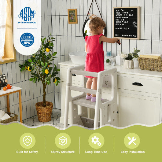 Kids Kitchen Step Stool with Double Safety Rails -Gray