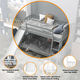 Twin over Twin Bunk Wooden Low Bed with Slide Ladder for Kids-Gray