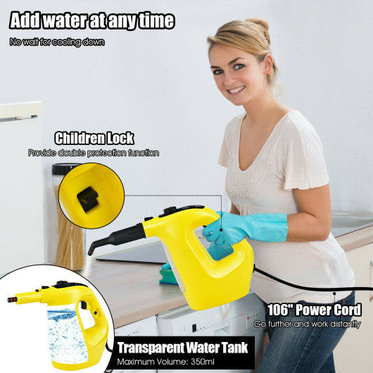 1400W Multipurpose Pressurized Steam Cleaner With 17 Pieces Accessories-Yellow
