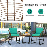 3 Pieces Patio Rattan Bistro Set Cushioned Chair Glass Table Deck-Turquoise