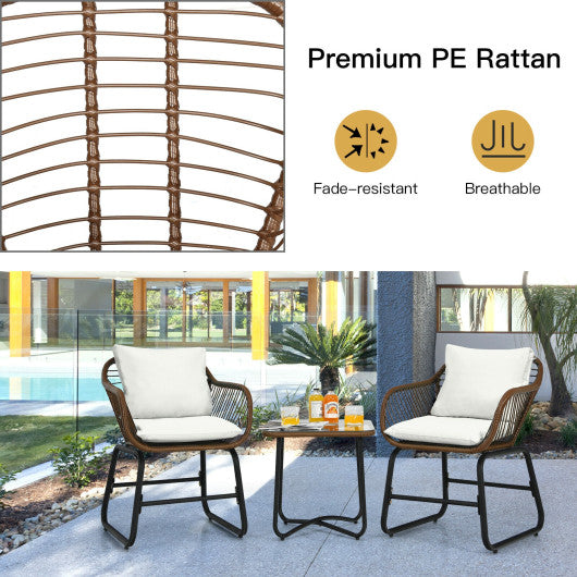 3 Pieces Patio Rattan Bistro Set Cushioned Chair Glass Table Deck-White