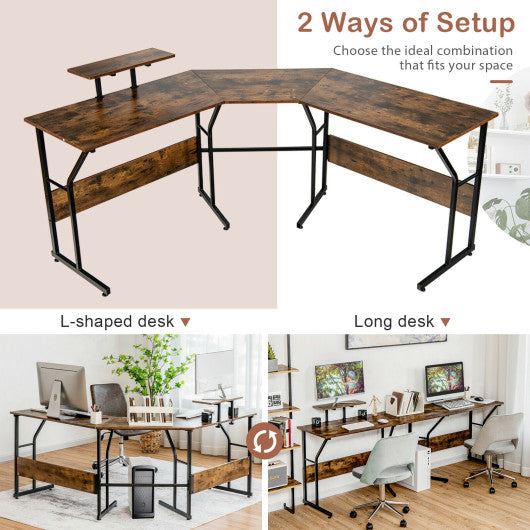 88.5 Inch L Shaped Reversible Computer Desk Table with Monitor Stand-Rustic Brown