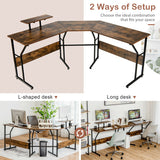 88.5 Inch L Shaped Reversible Computer Desk Table with Monitor Stand-Rustic Brown