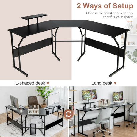 88.5 Inch L Shaped Reversible Computer Desk Table with Monitor Stand-Black