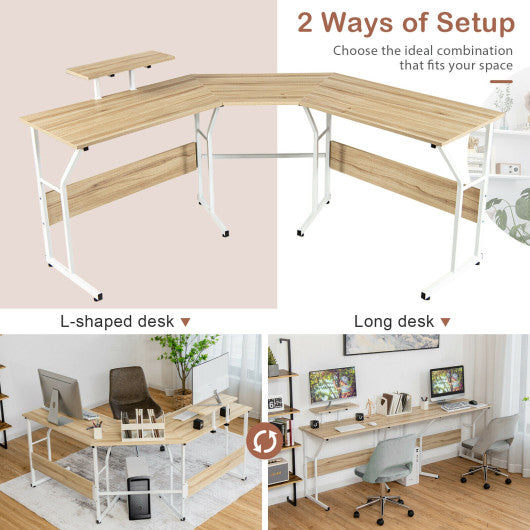 88.5 Inch L Shaped Reversible Computer Desk Table with Monitor Stand-Oak