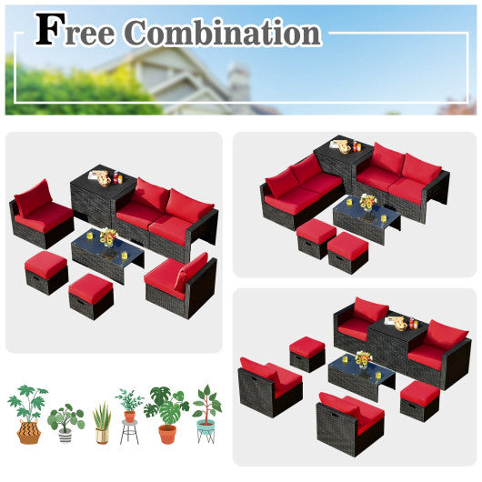 8 Pieces Patio Rattan Storage Table Furniture Set-Red