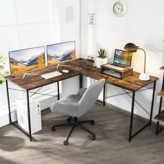 95 Inch 2-Person L-Shaped Long Reversible Computer Desk with Monitor Stand-Rustic Brown