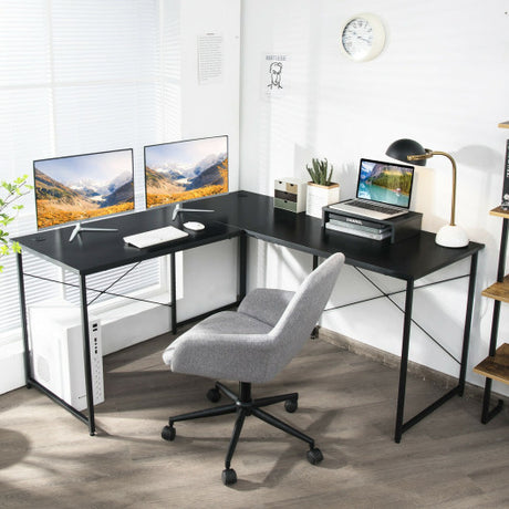 95 Inch 2-Person L-Shaped Long Reversible Computer Desk with Monitor Stand-Black