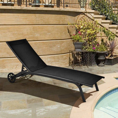 6-Poisition Adjustable Outdoor Chaise Recliner with Wheels-Black