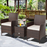 3 Pieces Patio Rattan Furniture Set Cushioned Sofa and Glass Tabletop Deck-White