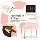 Faux Fur Vanity Stool with Golden Metal Legs for Makeup Room-Pink