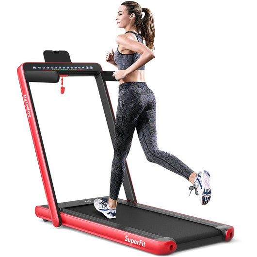 2-in-1 Electric Motorized Health and Fitness Folding Treadmill with Dual Display and Speaker-Red