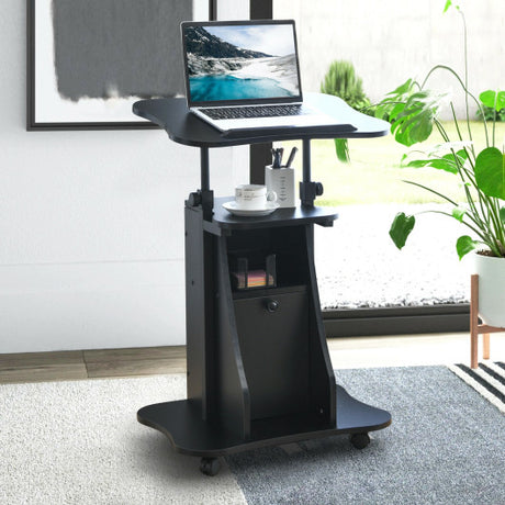 Adjustable Mobile Standing Desk Cart with Tilt Desktop and Cabinet-Black