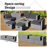 8 Pieces Patio Rattan Furniture Set with Storage Waterproof Cover and Cushion-Gray