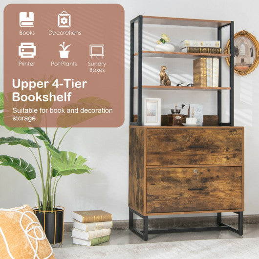 Letter Size Lateral File Cabinet with Lock and Bookshelf-Rustic Brown