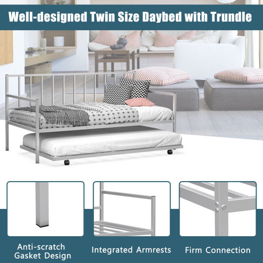 Twin Metal Daybed Sofa Bed Set with Roll Out Trundle-Silver