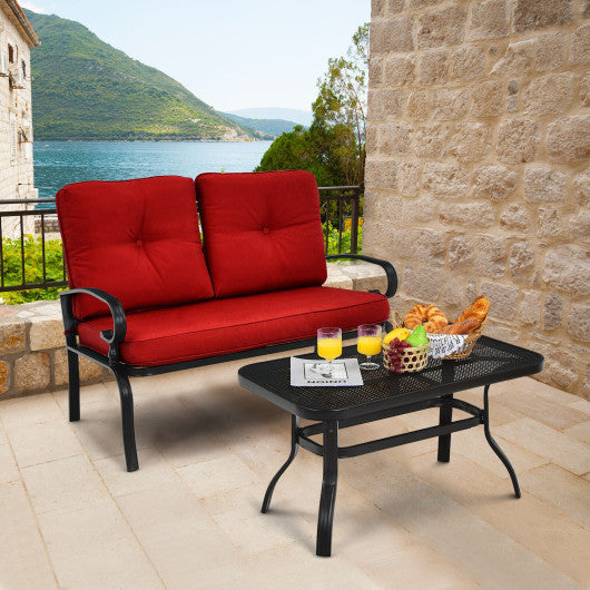 2 Pieces Patio Loveseat Bench Table Furniture Set with Cushioned Chair-Red