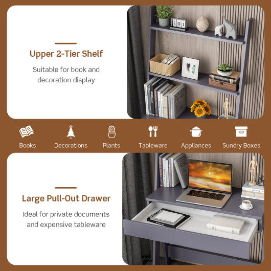 Ladder Shelf Desk Bookcase with Countertop  Drawer and 2 Shelves-Gray