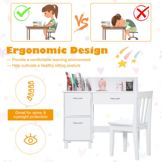 Kids Wooden Writing Furniture Set with Drawer and Storage Cabinet-White