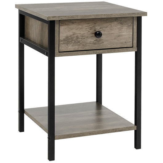 Industrial End Side Table Nightstand with Drawer Shelf-Natural