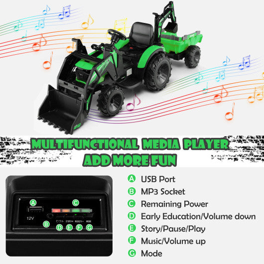 12V 3 in 1 Kids Ride On Excavator with Shovel Bucket and Music-Green