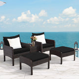 5 Pieces Patio Rattan Sofa Ottoman Furniture Set with Cushions-Black