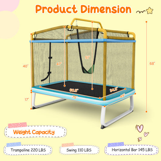 6 Feet Rectangle Trampoline with Swing Horizontal Bar and Safety Net-Yellow