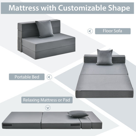 6 Inch Tri-fold Sofa Bed Folding Mattress with Pillow-Dark Gray