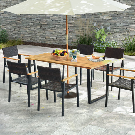 6-Person Acacia Wood Outdoor Dining Table with 2 Inch Umbrella Hole