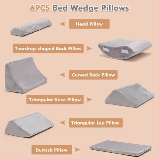 6 Pieces Orthopedic Bed Wedge Pillow Set for Back Neck Leg-Gray