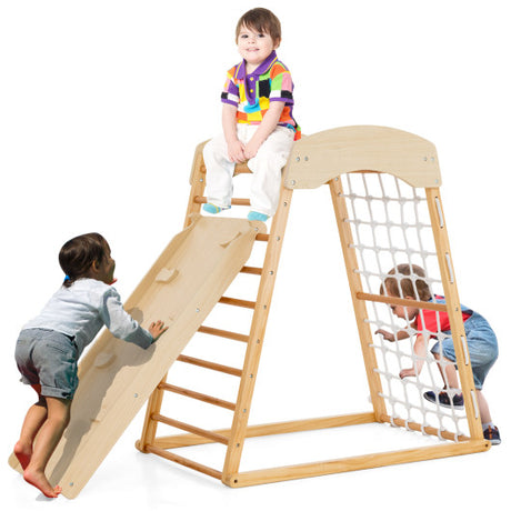 6-in-1 Jungle Gym Wooden Indoor Playground with Double-Sided Ramp and Monkey Bars-Natural