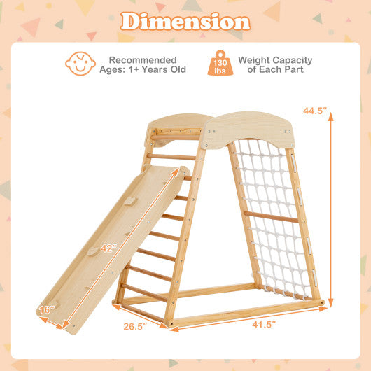 6-in-1 Jungle Gym Wooden Indoor Playground with Double-Sided Ramp and Monkey Bars-Natural