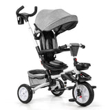 6-in-1 Detachable Kids Baby Stroller Tricycle with Canopy and Safety Harness-Gray