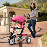 6-in-1 Detachable Kids Baby Stroller Tricycle with Canopy and Safety Harness-Pink