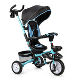 6-in-1 Detachable Kids Baby Stroller Tricycle with Canopy and Safety Harness-Blue