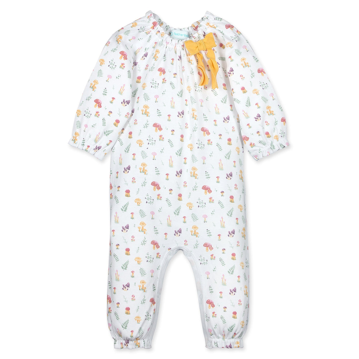 Bow Romper L/S - Mushrooms & Rosemary on White  100% Pima Cotton by Feather Baby