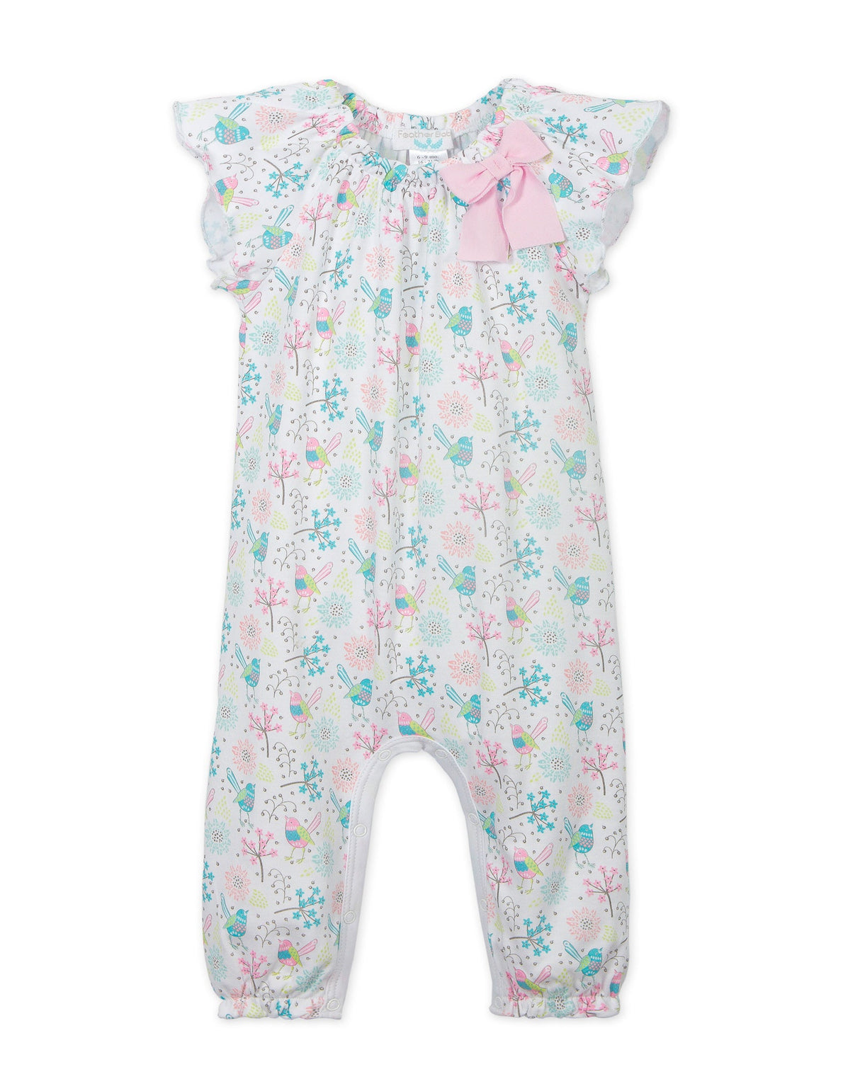 Bow Romper s/s - Regal Bird on White  100% Pima Cotton by Feather Baby