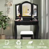 4 Drawers Wood Mirrored Vanity Dressing Table with Stool-Black