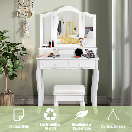 4 Drawers Wood Mirrored Vanity Dressing Table with Stool-White