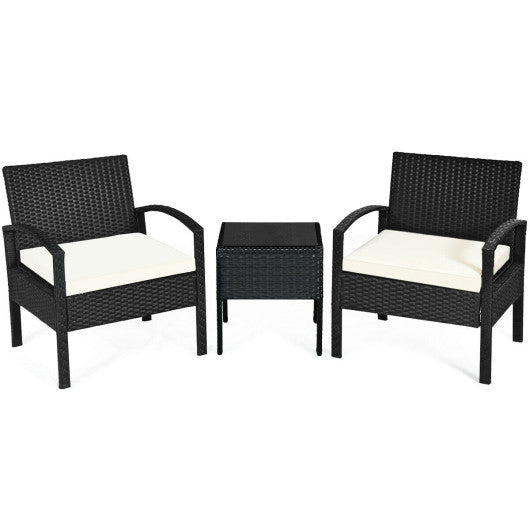 3 Pieces Outdoor Rattan Patio Conversation Set with Seat Cushions-White