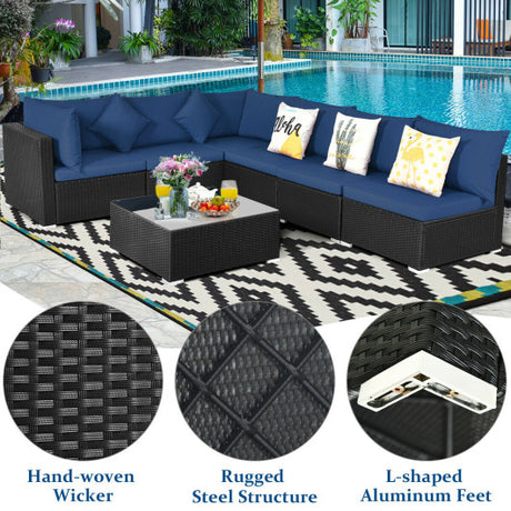 7-Piece Outdoor Sectional Wicker Patio Sofa Set with Tempered Glass Top-Navy